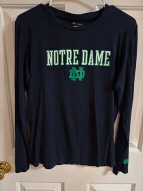 Women’s Champion Notre Dame Navy Long Sleeve Tee with Green Logo